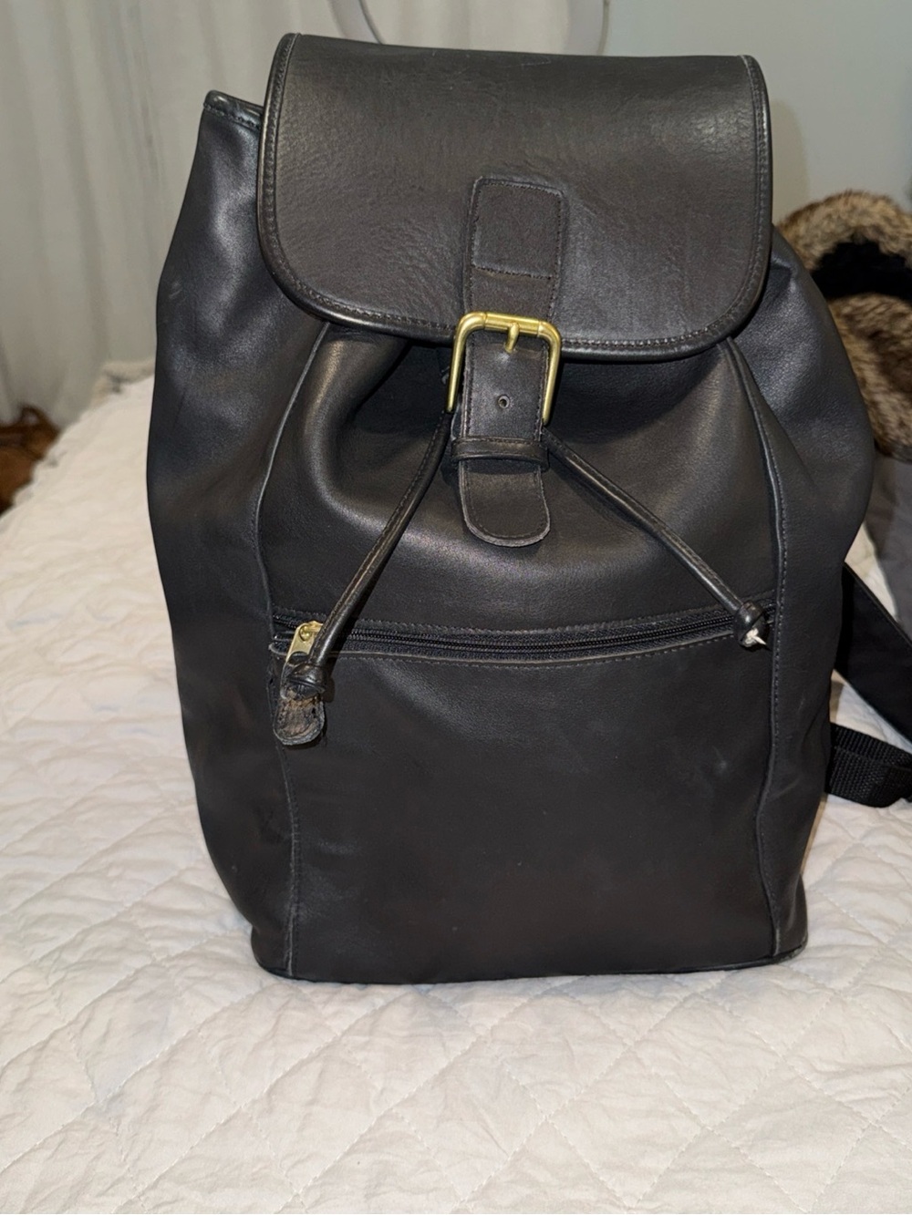 Coach Black Leather Buckle Drawstring Backpack with Front Zip